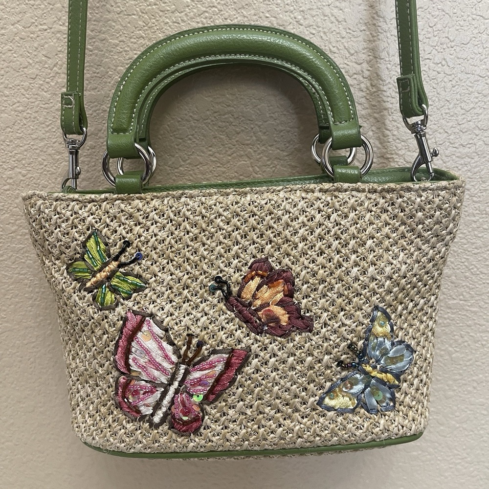 Vintage Y2k Raffia beaded butterfly boho purse/crossbody 50" Removable Strap